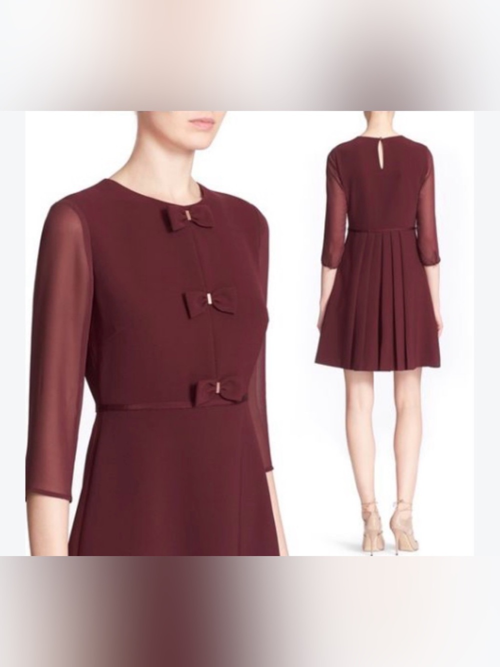 Ted Baker Finna Burgundy Wine Bow Detail Sheer Sleeve cocktail Dress 3 US 8 NWOT